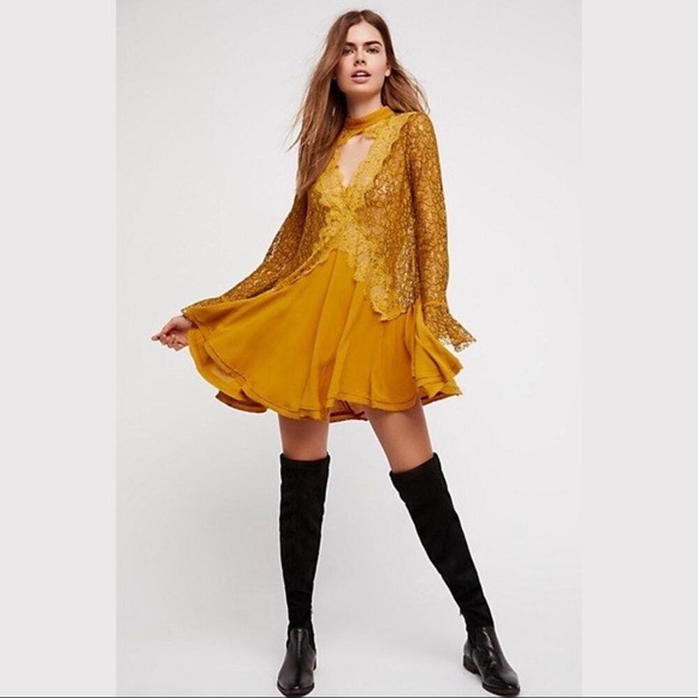 Free People Yellow Tell‎ Tell Secret Origins Eyelash Lace Tunic Dress Size XS